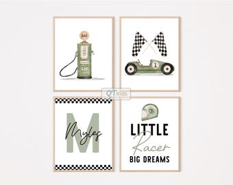 Race Car Nursery Print, Personalized Boy Playroom Printable Wall Art, Sage Green Race Car Poster, Vintage Race Car Print, DIGITAL DOWNLOAD