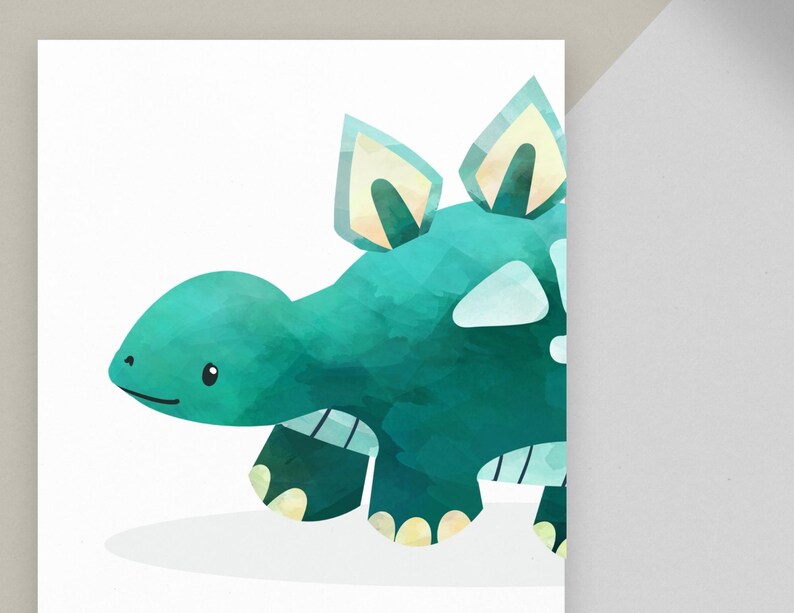 May include: A teal blue watercolor illustration of a cartoon dinosaur with yellow accents. The dinosaur has a friendly expression and is walking.