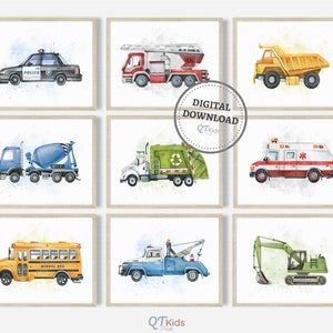 Truck Nursery Prints, Set of 9 Cars Transportation Printable Wall Art, Boy Playroom Decor, Construction Emergency Vehicles DIGITAL DOWNLOAD