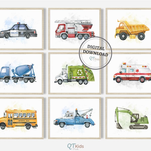 Truck Nursery Prints, Set of 9 Cars Transportation Printable Wall Art, Boy Playroom Decor, Construction Emergency Vehicles DIGITAL DOWNLOAD