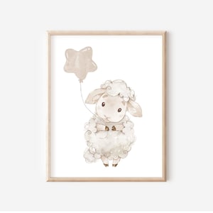 Impression de pépinière de mouton neutre de sexe, mouton avec affiche de ballon étoile, décor d’animaux de pépinière de bébé, aquarelles animales, téléchargements numériques