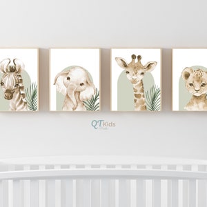 Láminas de safari para guardería, juego de 4 láminas de animales de la jungla en verde salvia neutro, pósteres para habitación infantil con elefante, cebra, león y jirafa, DESCARGA DIGITAL