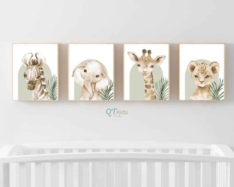 Safari Nursery Prints, Set of 4 Sage Green Neutral Jungle Animal Prints ...