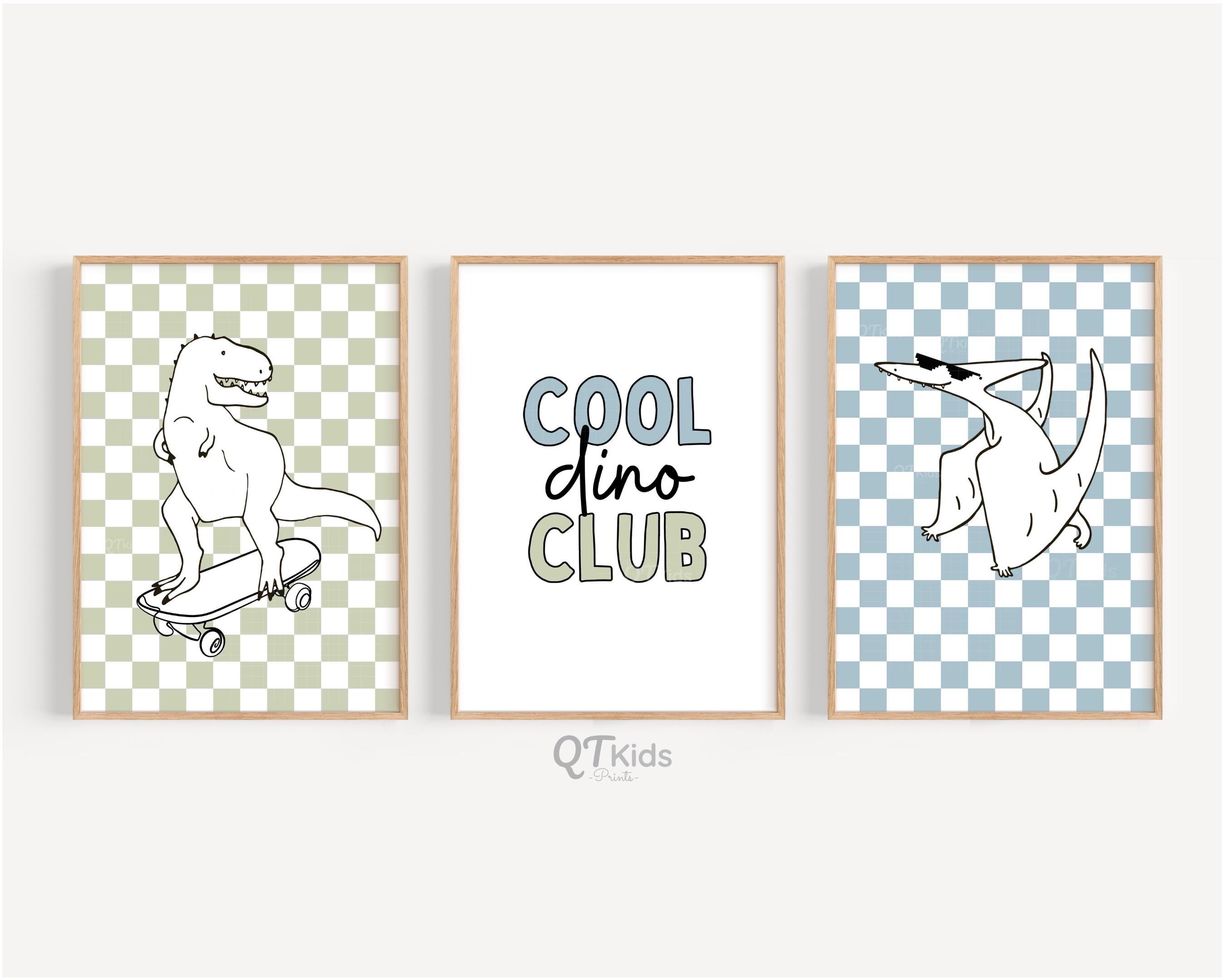 Dinosaur Nursery Prints, Cool Dino Club, Blue Boy Playroom Wall Art, Retro Quote Prints, Skateboard, Toddler Room Posters, DIGITAL DOWNLOAD