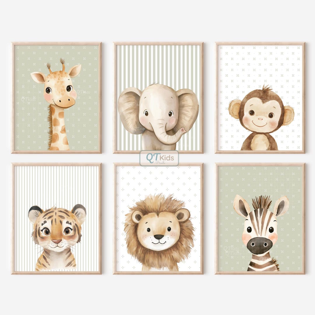 Safari Nursery Prints, Elephant Zebra Lion Monkey, Jungle Animal Portraits, Boho Sage Kids