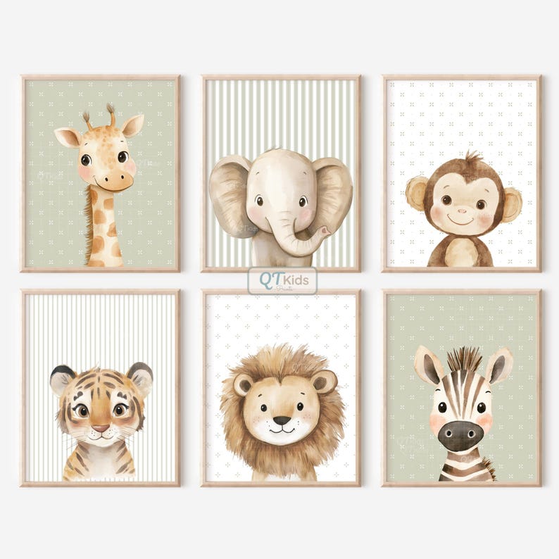 May include: Six framed animal art prints featuring a giraffe, elephant, monkey, tiger, lion, and zebra. Each print has a light green background with a different pattern. The animals are depicted in a cute, cartoon style.