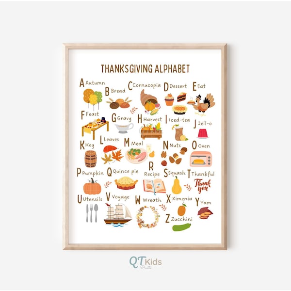 Thanksgiving ABC Alphabet Print, Alphabet Poster, Montessori Classroom, Homeschool Printable, Kids Room Party Decor, DIGITAL DOWNLOAD