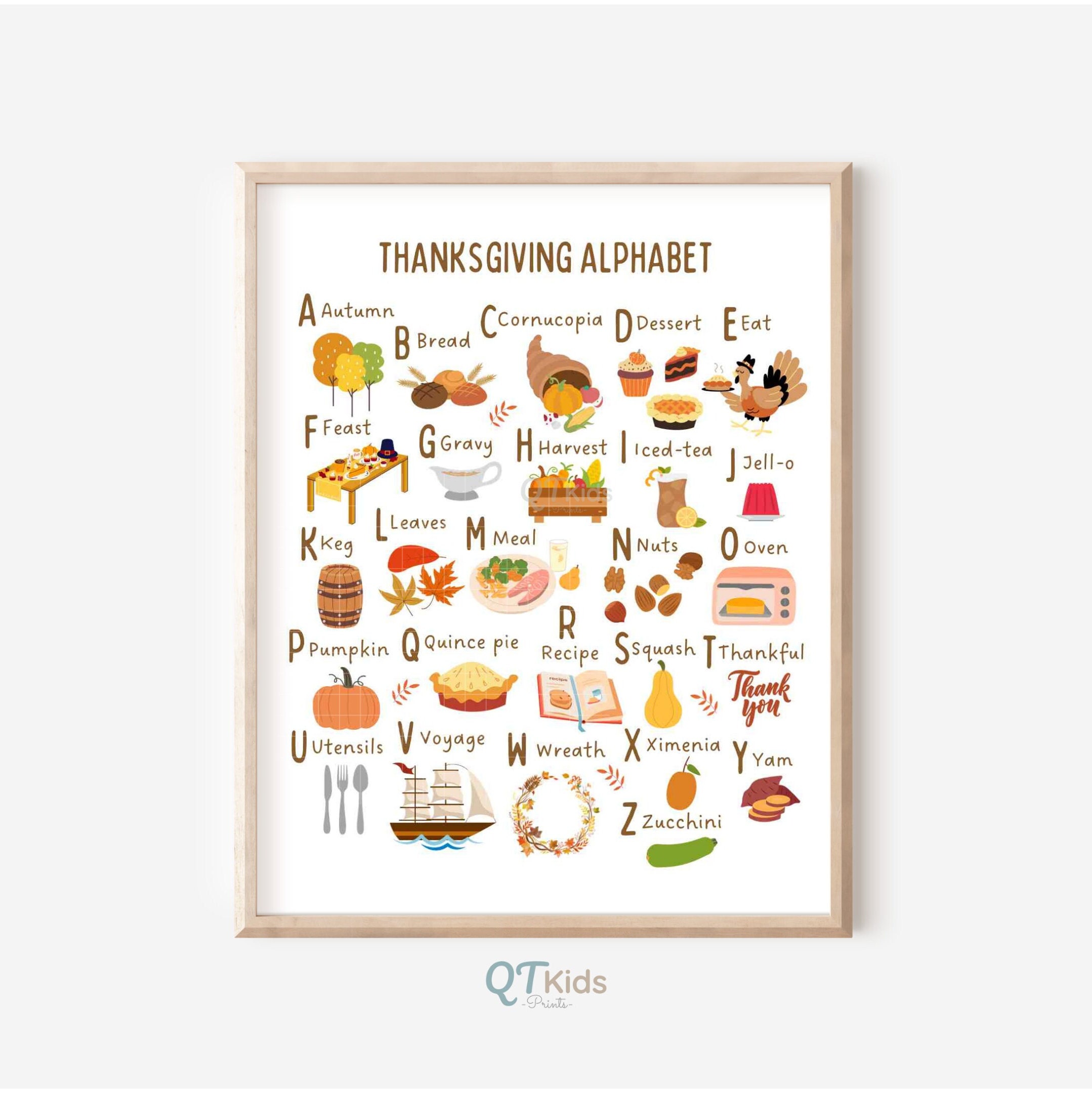 thanksgiving abc alphabet print, alphabet poster, montessori