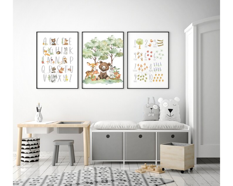 Woodland Alphabet Numbers Prints, Woodland Nursery Decor, Kids Playroom ...