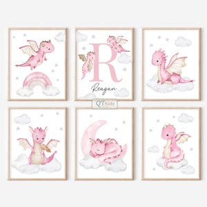 Personalized Pink Dragon Nursery Prints, Girl Name Room Wall Art, Fairytale Playroom Decor, Baby Kids Room Dragon Posters,  DIGITAL DOWNLOAD