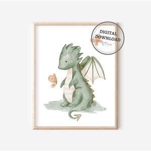 Green Dragon Nursery Print, Boy Room Printable Wall Art, Playroom Wall Decor, Kids Room Prints, Fairytale Nursery Decor, DIGITAL DOWNLOAD