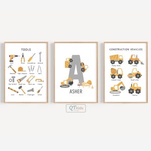 Construction Nursery Prints, Personalized Construction Trucks Tools Educational Prints, Montessori School Learning Posters, DIGITAL DOWNLOAD