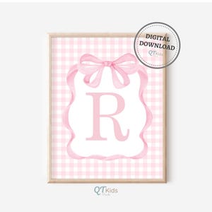 Impressions personnalisées pour chambre d'enfant avec noeud rose, prénoms de bébé, art mural imprimable pour chambre de fille, décoration de chambre d'enfant vichy rose, TÉLÉCHARGEMENT NUMÉRIQUE