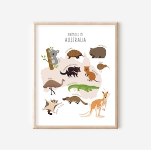 Animals of Australia, Educational Classroom Posters, Montessori Prints, Playroom Animals Decor, Animal Map Print, DIGITAL DOWNLOAD