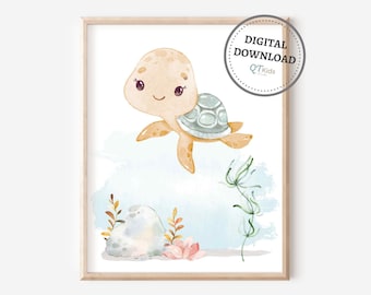 Stampa per cameretta con tartaruga marina, decorazione per cameretta con tema oceano, stampa da parete per cameretta con tema sottomarino, decorazione per sala giochi con tema costiero nautico, DOWNLOAD DIGITALE