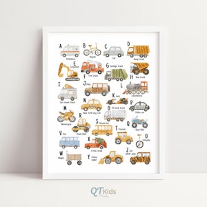May include: A colorful alphabet chart featuring watercolor illustrations of vehicles and transportation. Each letter of the alphabet is paired with a vehicle, such as an ambulance for A, bicycle for B, car for C, dump truck for D, excavator for E, fire truck for F, garbage truck for G, and so on.