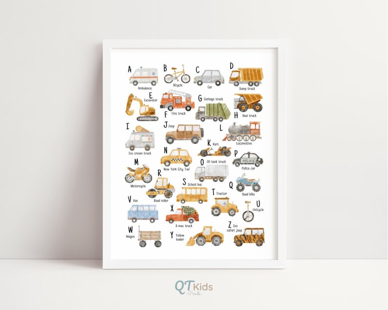 May include: A colorful alphabet chart featuring watercolor illustrations of vehicles and transportation. Each letter of the alphabet is paired with a vehicle, such as an ambulance for A, bicycle for B, car for C, dump truck for D, excavator for E, fire truck for F, garbage truck for G, and so on.