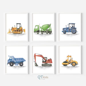 May include: Set of six watercolor illustrations of construction vehicles, including a bulldozer, cement mixer, tractor, dump truck, excavator, and a road roller. Each illustration is framed in a white frame.