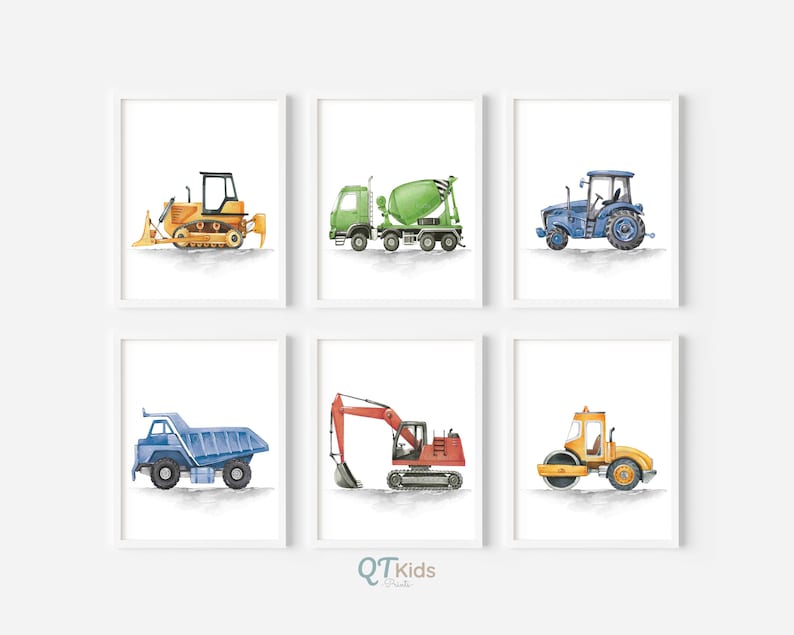 May include: Set of six watercolor illustrations of construction vehicles, including a bulldozer, cement mixer, tractor, dump truck, excavator, and a road roller. Each illustration is framed in a white frame.