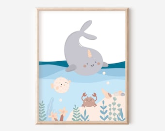 Narwhal Print, Under the Sea Nursery Wall Art, Sea Animal Print, Ocean Themed Playroom Nursery, Boy Room Printable, DIGITAL DOWNLOAD