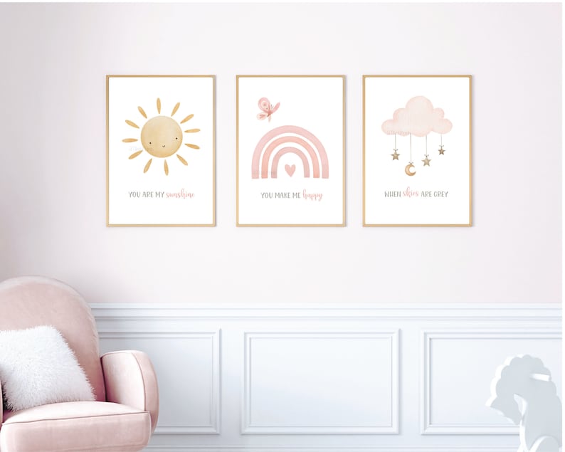 Girl Nursery Print Set, Sun Cloud Rainbow, You Are My Sunshine, Pink ...