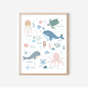 Impresión de animales marinos, decoración de vivero bajo el mar, arte de pared imprimible de animales oceánicos, animales marinos, arte de pared náutica neutral DESCARGA DIGITAL