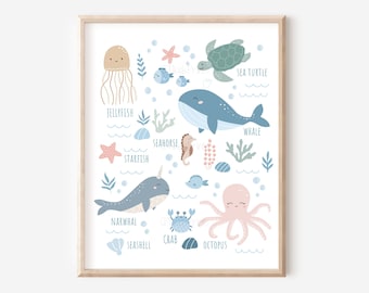 Sea Animals Print, Under the Sea Nursery Decor, Ocean Animals Printable Wall Art, Marine Animals, Neutral Nautical Wall Art DIGITAL DOWNLOAD