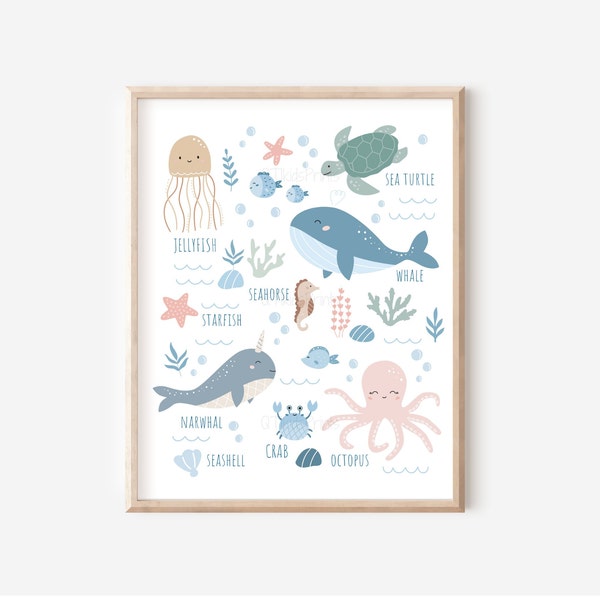 Sea Animals Print, Under the Sea Nursery Decor, Ocean Animals Printable Wall Art, Marine Animals, Neutral Nautical Wall Art DIGITAL DOWNLOAD