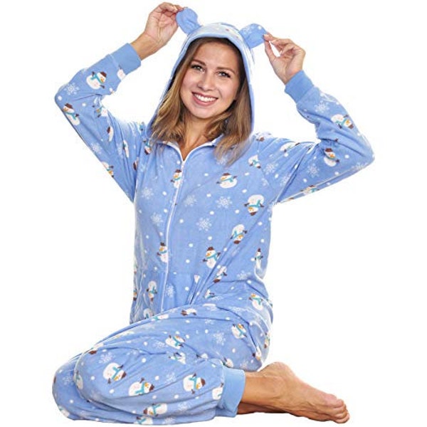 Snowman Pattern Women's Adult Onesies Warm Cozy Novelty Fleece Plush Lounge-wear Hooded Pajamas Sleepwear