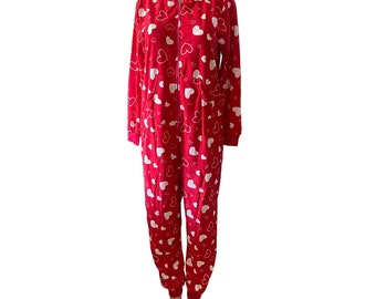 White Hearts Women's Novelty One-Piece Fleece Hooded Long Sleeve Pajamas Sleepwear