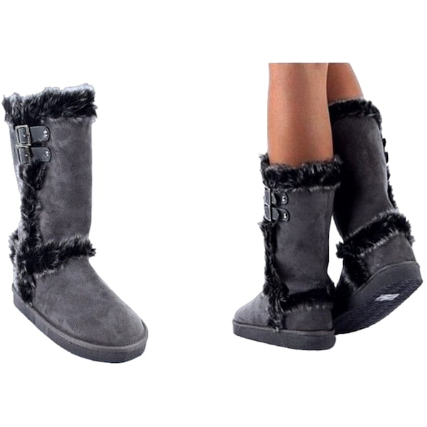 Women's Fur-Trimmed Double Buckle Flat Mid-Calf Eskimo Faux Suede Cozy Warm Winter Boots