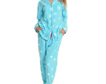 Snowflakes Pattern Notch Collar Top Drawstring Pants Women's Two-Piece Warm Cozy Fleece Pajama Set with Pockets