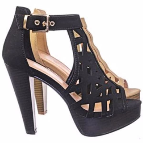 Women's Cut-Out Tapered Stacked Heel Caged Platform Nubuck Dress Shoes Open Toe Sandals
