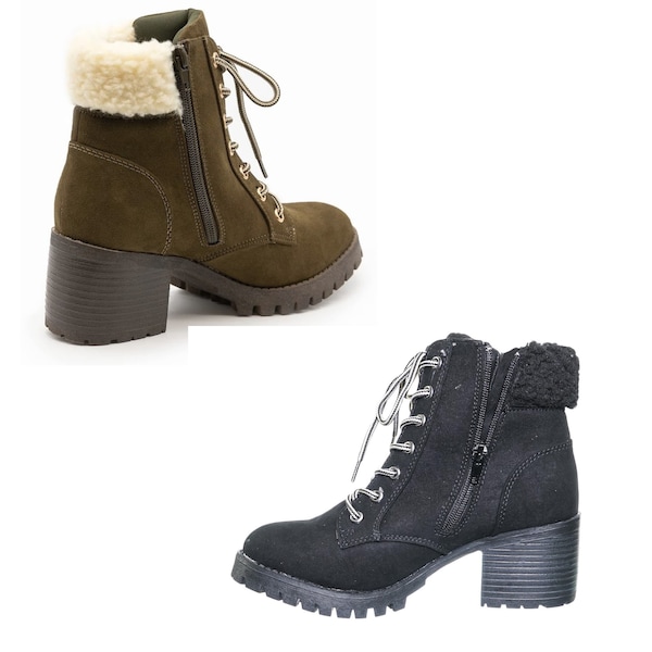 Mucker Combat Boots with Shearling Women's Faux Fur Lined Booties Lace Up Block Heel Ankle Boots Lug Sole