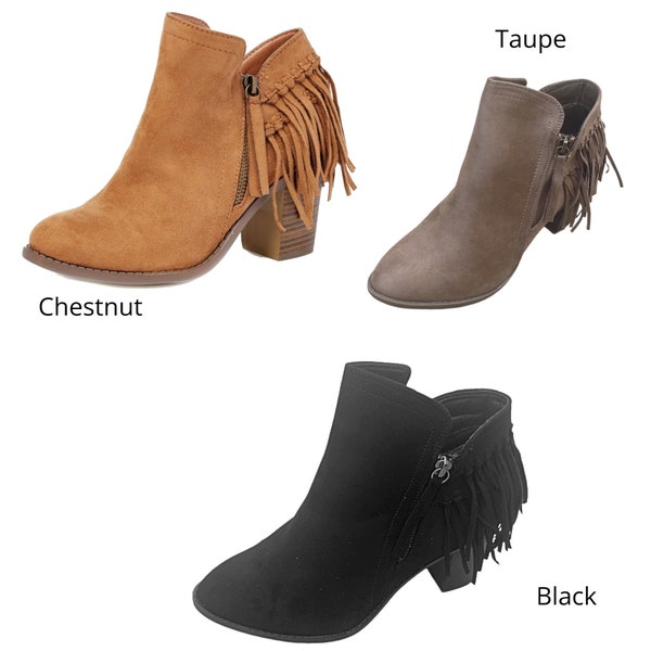 Womens Faux Suede Block Stacked Heel Fringe Western Inspired Cowgirl Ankle Boots Fashion Booties Tassel Shoes Chestnut, Black & Taupe Colors