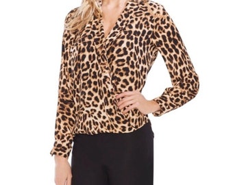 Leopard Print 90s Inspired Blouse | Leopard Animal Print Tops | V neck Blouse | Surplice Tops | Office Tops | Church Blouse | Casual Tops