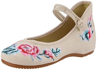 Beige Handmade Floral Embroidered Ankle Buckle Womens Chinese Wedding Shoes Ballet Flats