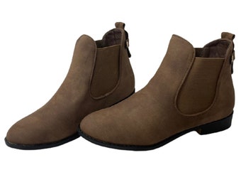 Elastic Panel Side Goring Block Heel Slip-On Pull Tap Lightweight Brown Chelsea Ankle Boots
