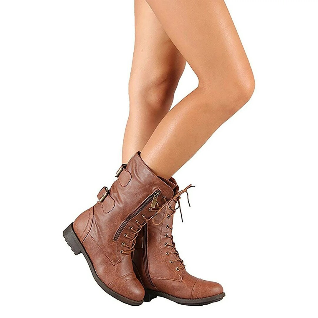Womens Combat Boots Mid Calf Military Lace up Shoes Side Zipper Faux