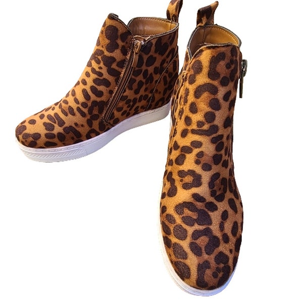 Leopard Print High Top Wedge Sneakers Womens Fashion Slip-on Synthetic Booties Faux Suede Ankle Boots