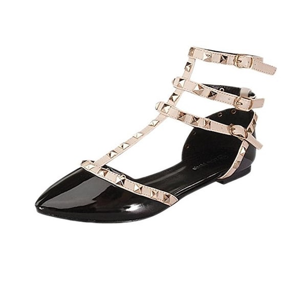 Women's Studded Pointed Toe Triple Buckle Strappy Gladiator Patent Black Punk Flats