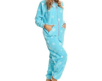 Snowflakes Pattern Women's Adult One-Piece Warm Cozy Novelty Fleece Plush Jumpsuit Lounge-wear Hooded Pajamas