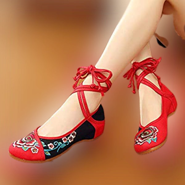 Vibrant Oriental Embroidered Tassel Ankle Wrap Strap Canvas Womens Red Black Color Block Floral Flats Loafers