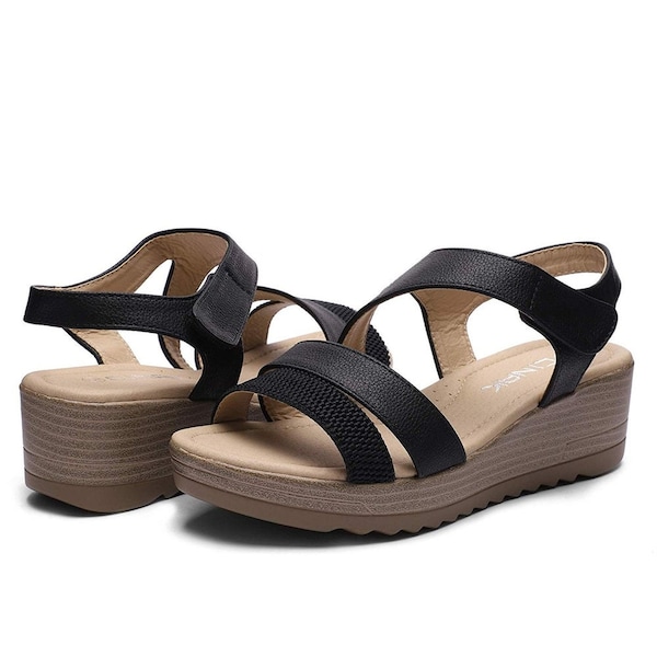Women's Wedge Sandals Strappy Cutout Open Toe EVA Outsole Velcro Strap Buckle Comfort Shoes