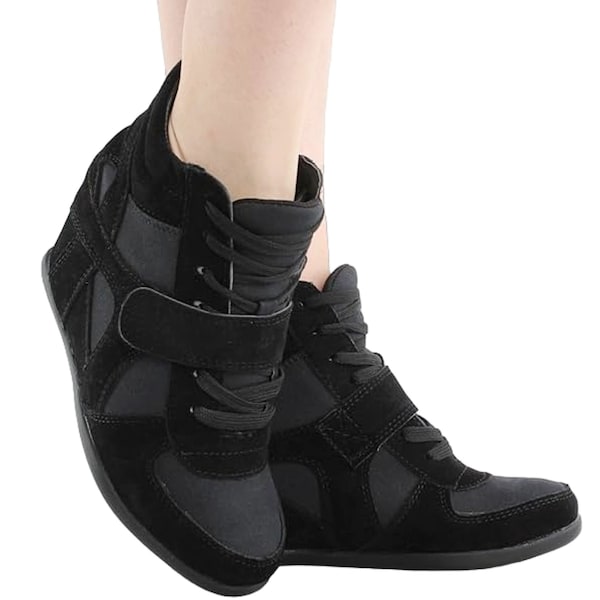 Women's High Top Hidden Wedge Shoes Velcro Strap Lace-Up Sneakers Round Toe Booties Ankle Boots