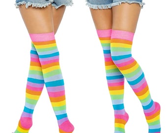 Womens Hosiery Neon Striped Rainbow Thigh High Fashion Socks Super Comfy Stretchy StockingOne Size