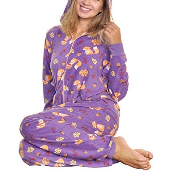 Women's Fleece Novelty Plush Fox Pattern One-Piece Jumpsuits Hooded Pajamas Warm Winter Loungewear
