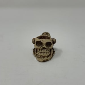May include: A white ceramic skull pipe with detailed features. The pipe is designed to resemble a human skull with a hollowed-out top for smoking.