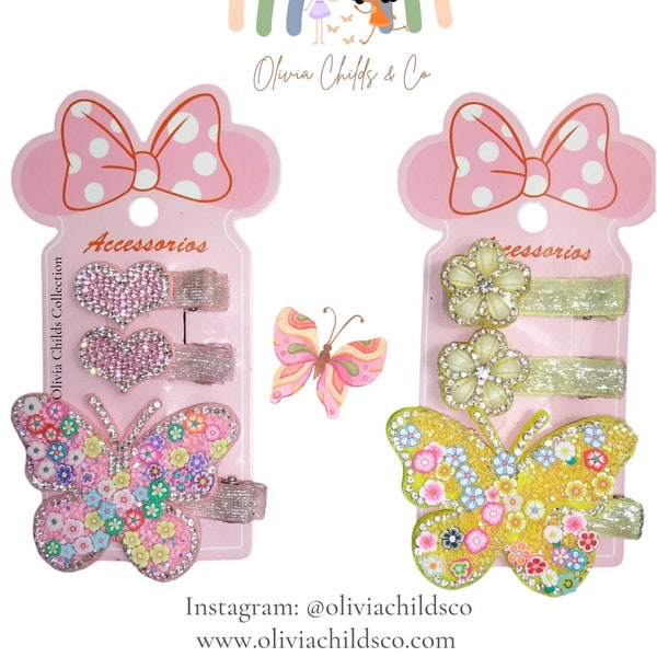 6 Pieces- Girls Butterfly, Heart, Flower Hair Clippie - Barrettes