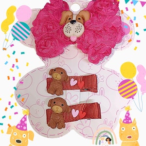 3pc Girls Puppy Hair Bow, Hair Clippies Barrettes